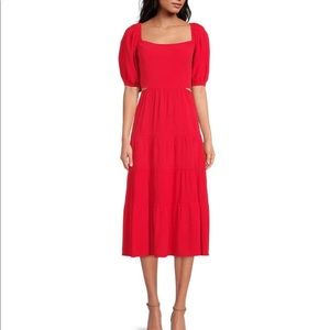 Lucy Paris Kelly Square Neck Short Sleeve Cut Out Side Waist Tiered Midi Dress